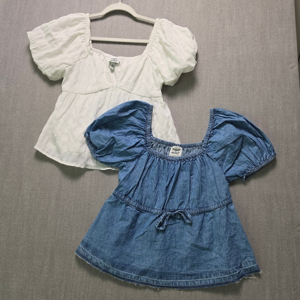 Planet Heart Puff Sleeve Top Women S White Blue Denim Bundle 2pc Boho